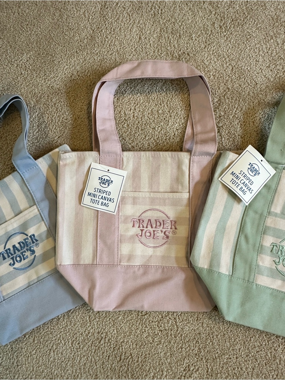 Trader Joe's Mini Pastel Canvas Tote Bag Pink Striped NWT - Picture 2 of 2